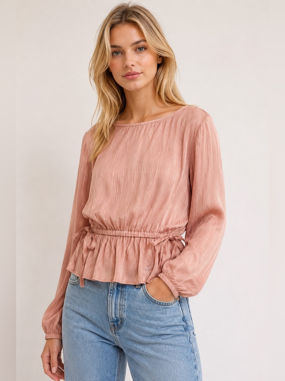 Linden Street Studio Pink Puff Sleeve Blouse with Tie Front